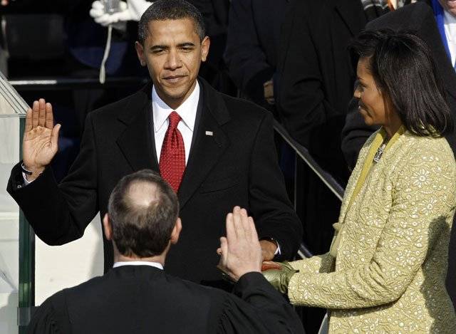 Barack Hussein Obama sworn in as first black US president
