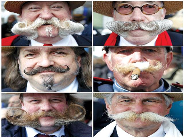 BRUSSELS: A combination photo shows participants during a competition for the 2012 best moustache of Brussels.–Reuters