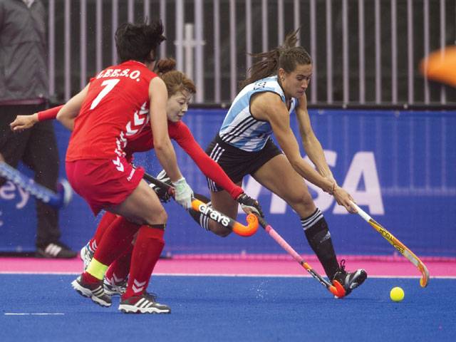 London: Argentina’s Martina Cavallero vies against South Korea’s Lee Seonok and Cha Senna during their match in the International Invitational Hockey Tournament, part of the “London Prepares” series of test events, at the Riverbank Arena at the Olympic Park.–AFP