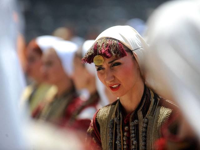 Macedonian women attend a wedding ceremony