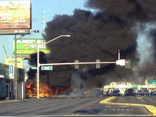 Two dead, four injured in Las Vegas bus fire