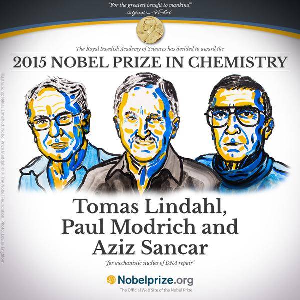 Lindahl, Modrich, Sancar win Nobel Prize in Chemistry for DNA Studies
