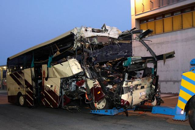 Three killed, five injured in coach-truck collision in Hub
