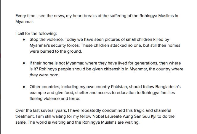 Malala condemns 'shameful treatment' of Myanmar with Rohingya Muslims 