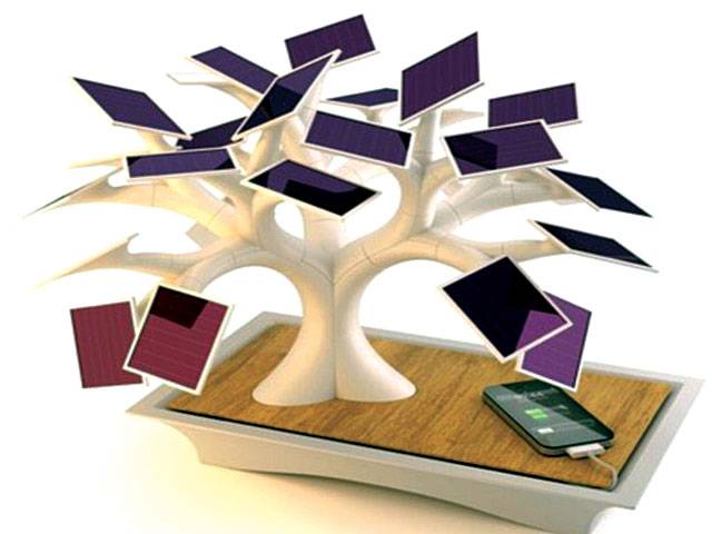 Solar powered bonsai tree charges cell phones