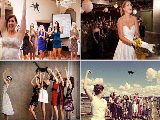 Bouquet throwing tradition replaced by flying feline?