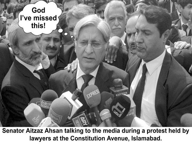  God I\'ve missed this! Senator Aitzaz Ahsan talking to the media during a protest held by lawyers at the Constitution Avenue, Islamabad.