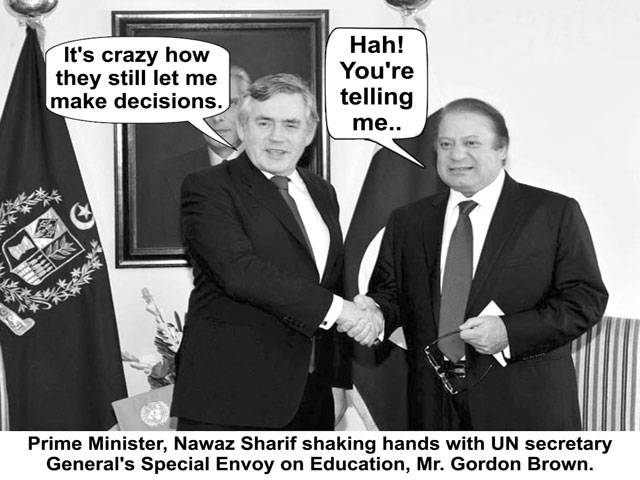 It\'s crazy how they still let me make decisions. Hah! you\'re telling me... Prime Minister Nawaz Sharif shaking hands with UN secretary General\'s Special Envoy on Education, Mr. Gordon Brown.