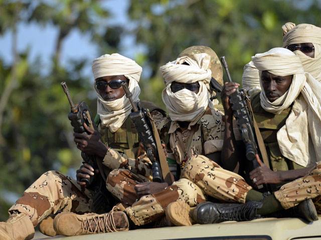 Chadian soldiers hold up their weapons