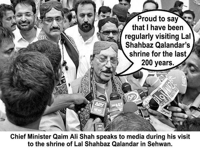 Proud to say that I have been regularly visiting Lal Shahbaz Qalander\'s shrine for the last 200 years. Chief Minister Qaim Ali Shah speaks to media during his visit to the shrine of Lal Shahbaz Qalandar in Sehwan.