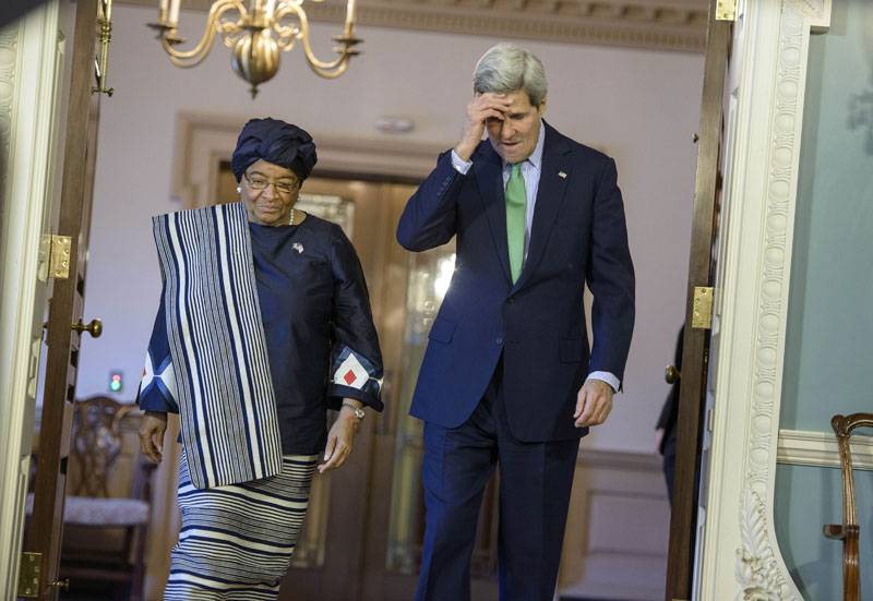  The President of Liberia and John Kerry makes a statement in Washington 