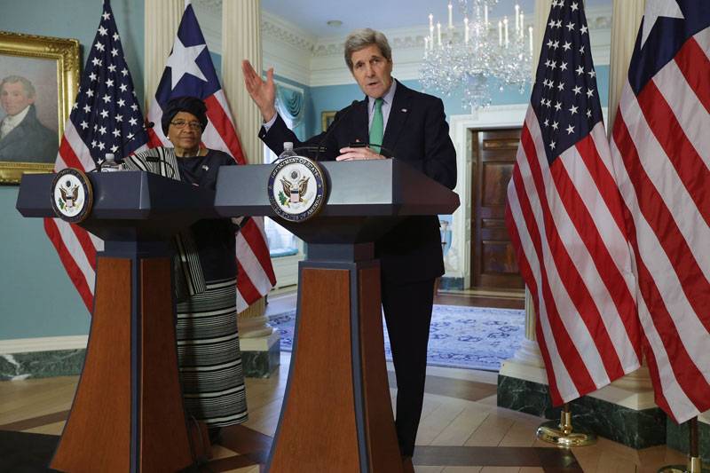  The President of Liberia and John Kerry makes a statement in Washington 