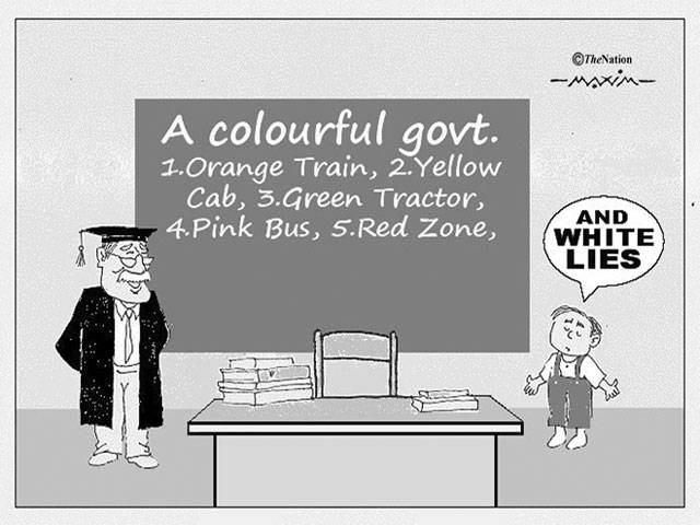 A colourful govt. 1. Orange Train, 2. Yellow cab, 3.green tractor, 4. Pink bus, 5.Red Zone, AND WHITE LIES