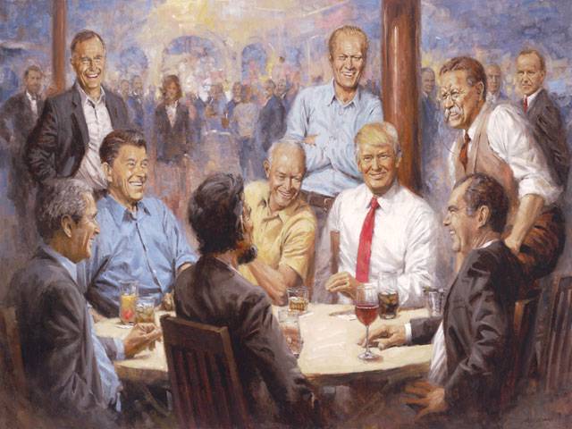 Trump hangs painting of self at bar with Republican presidents
