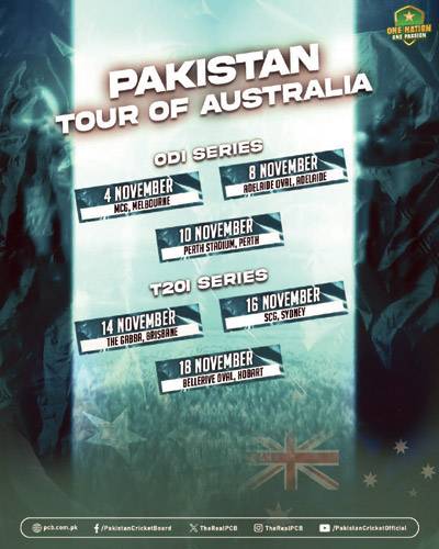 Pakistan to tour Australia for white-ball series in November